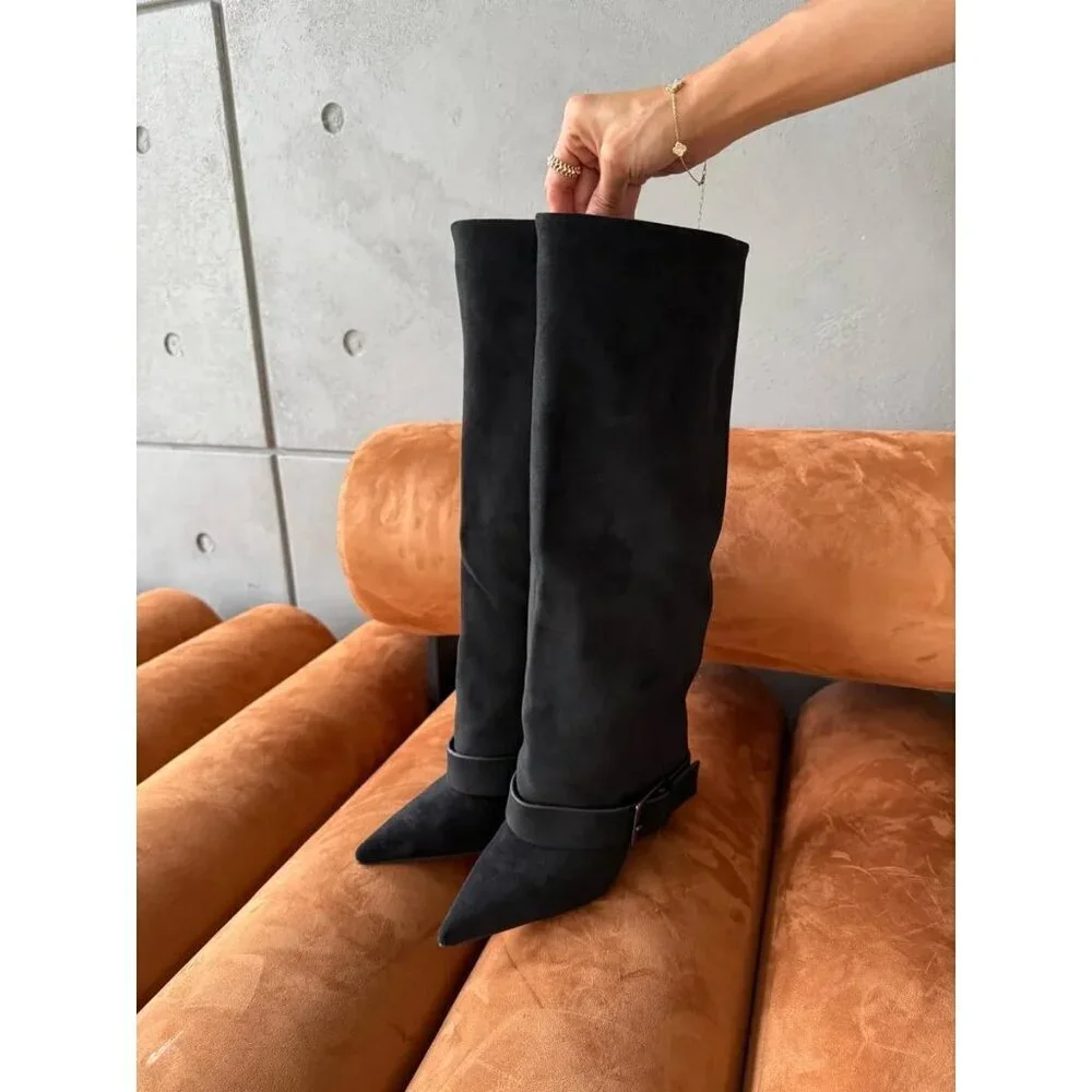 Women's Black Suede Knee High Boots Fold Over High Heel Belt Buckle Fall Long